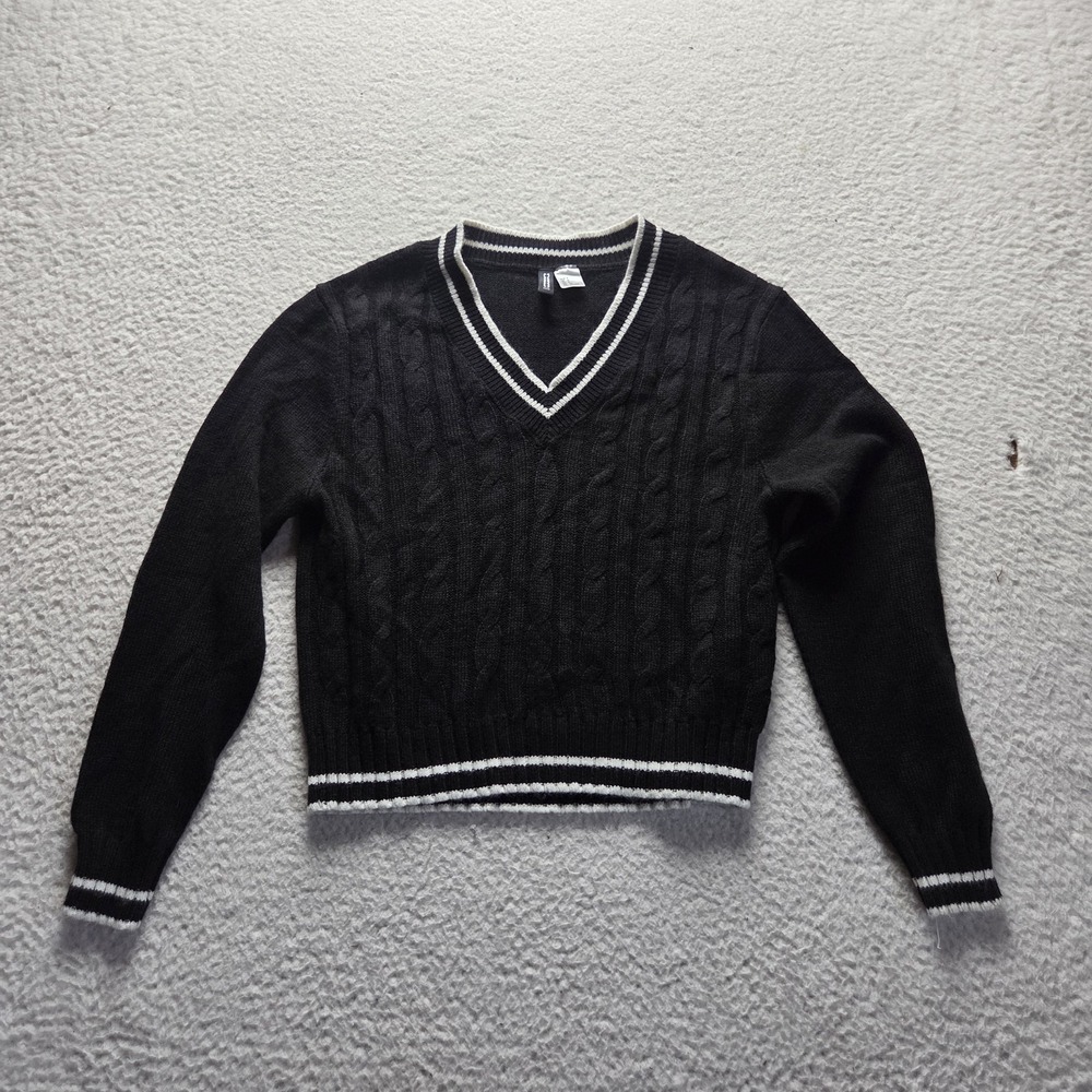H&M Sweater Womens Small Black V Neck Long Sleeve Striped Cable Knit Pullover